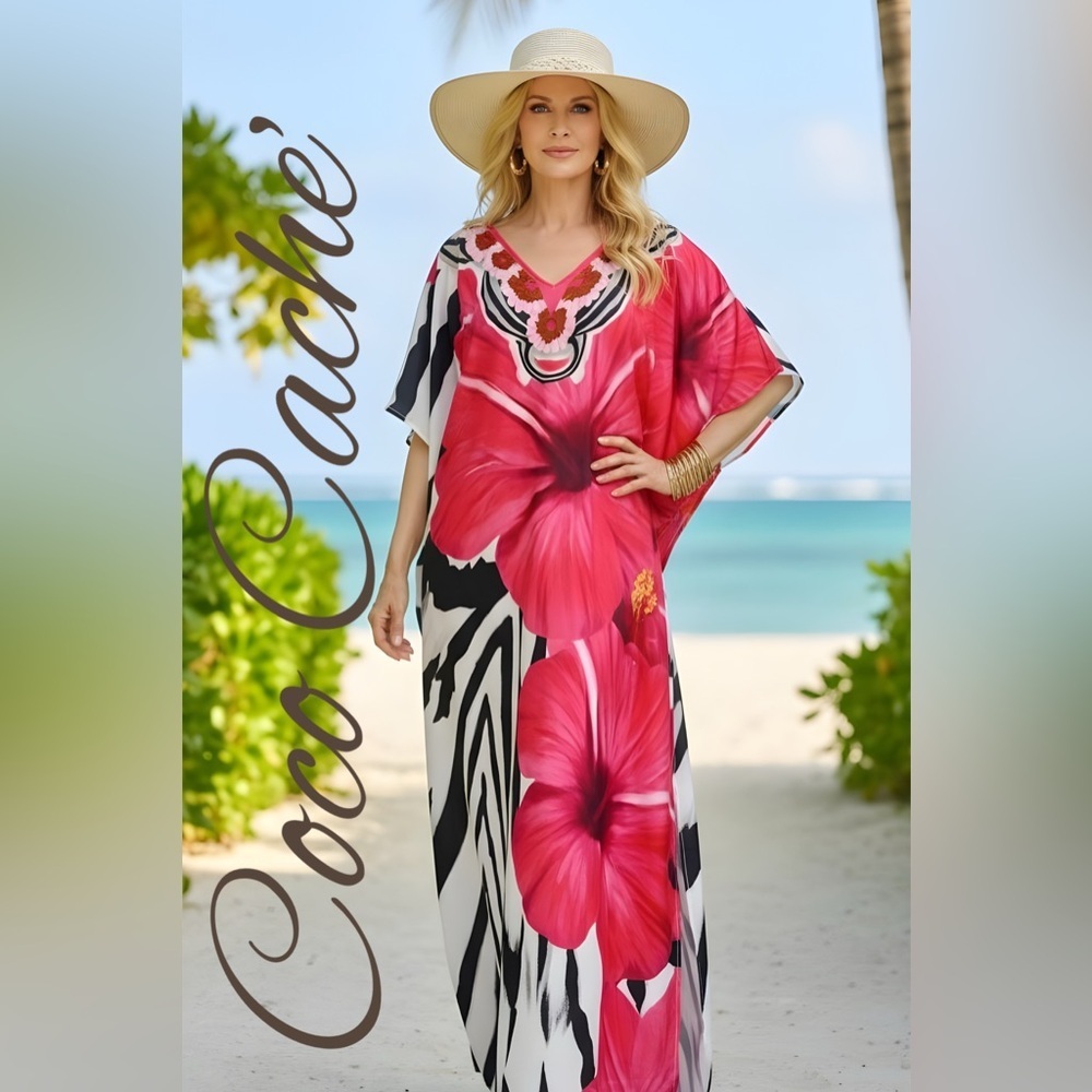 Bohemian Floral Print Tropical Paradise Kaftan Poncho Swimsuit Coverup Dress